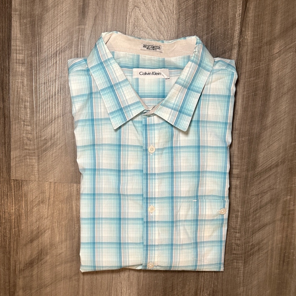 Calvin Klein Light Blue Checkered Plaid Short Sleeve Button Down - 2XL